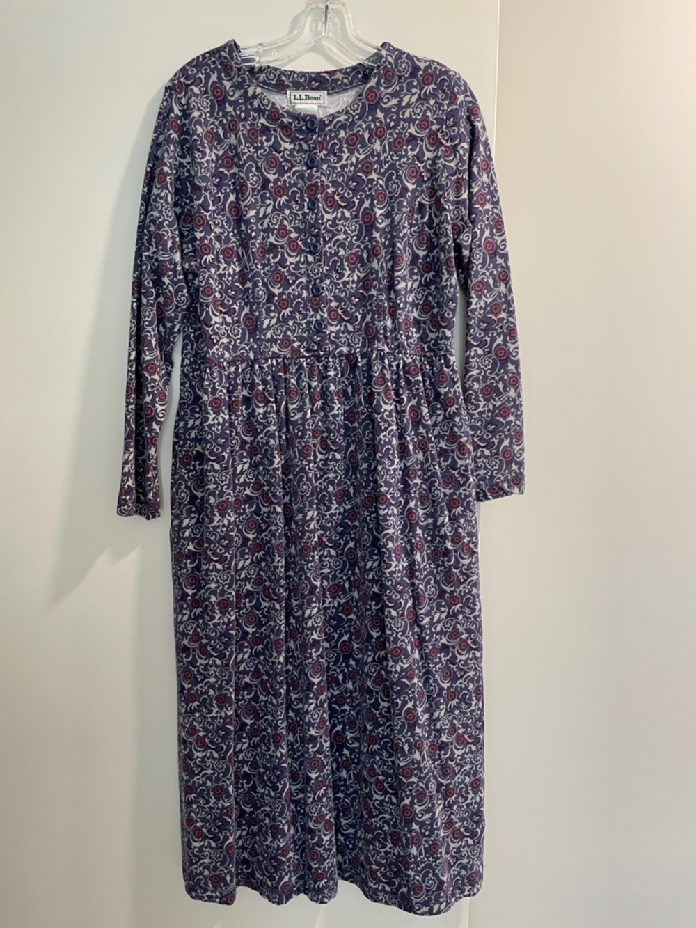 Vintage L.L. Bean Floral Long-Sleeve Midi Dress with Burgundy Accents 90s Y2K